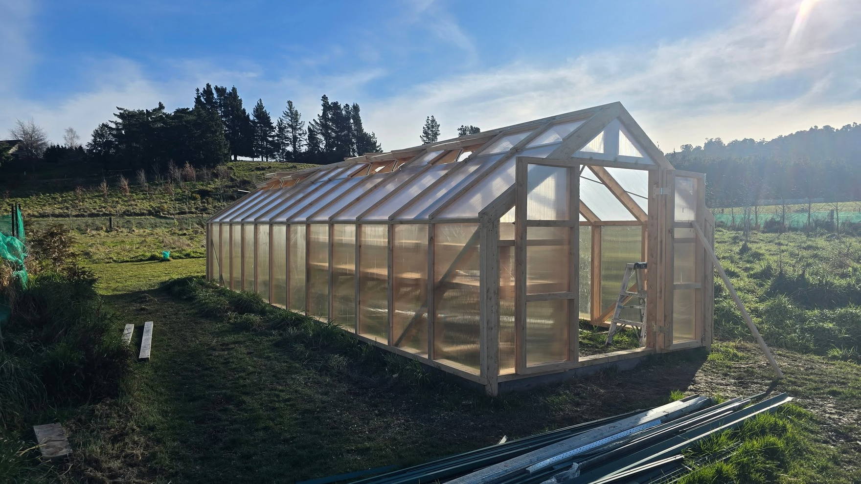 Timber-framed greenhouse clad in twin-wall polycarbonate, finished and standing in a paddock under a clear sky
